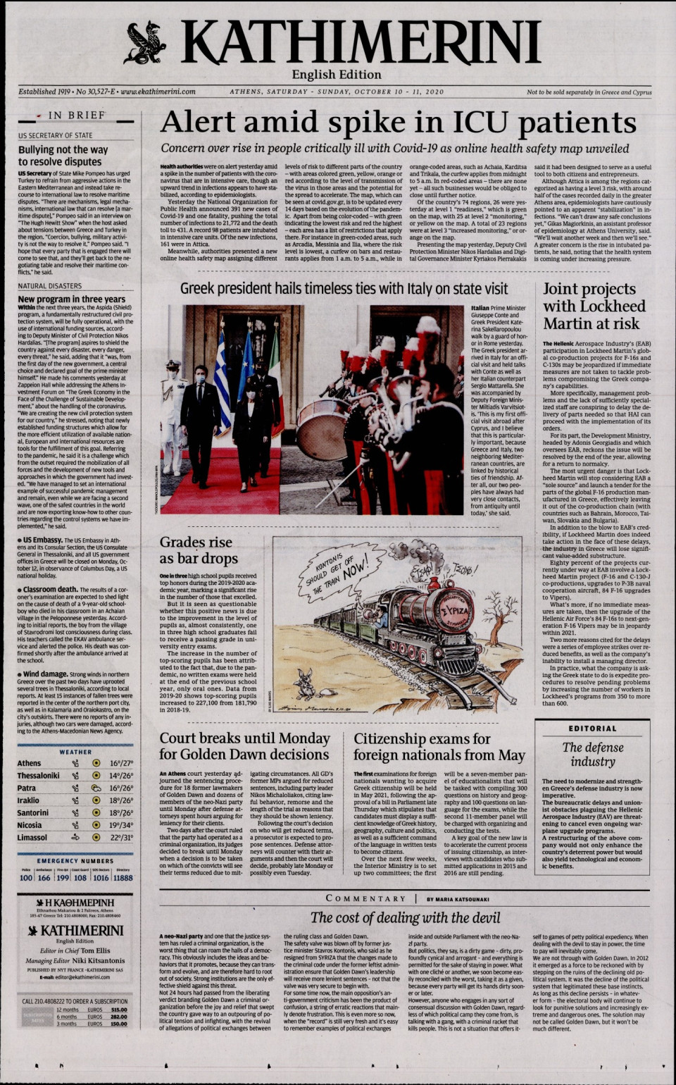 Πρωτοσέλιδο Εφημερίδας - INTERNATIONAL NEW YORK TIMES_KATHIMERINI - 2020-10-10
