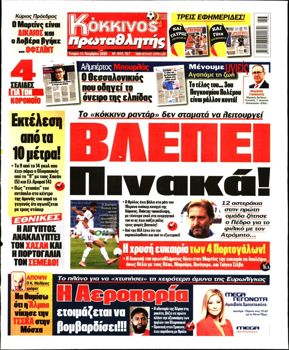 Πρωτοσέλιδο Εφημερίδας - Πρωταθλητής - 2020-11-11
