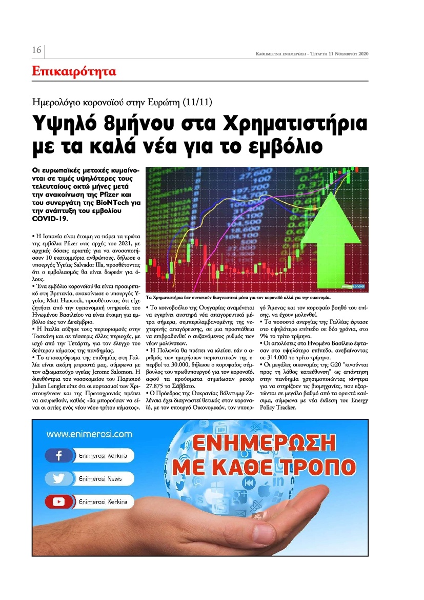 Οπισθόφυλλο Εφημερίδας - ΕΝΗΜΕΡΩΣΗ ΚΕΡΚΥΡΑΣ - 2020-11-11