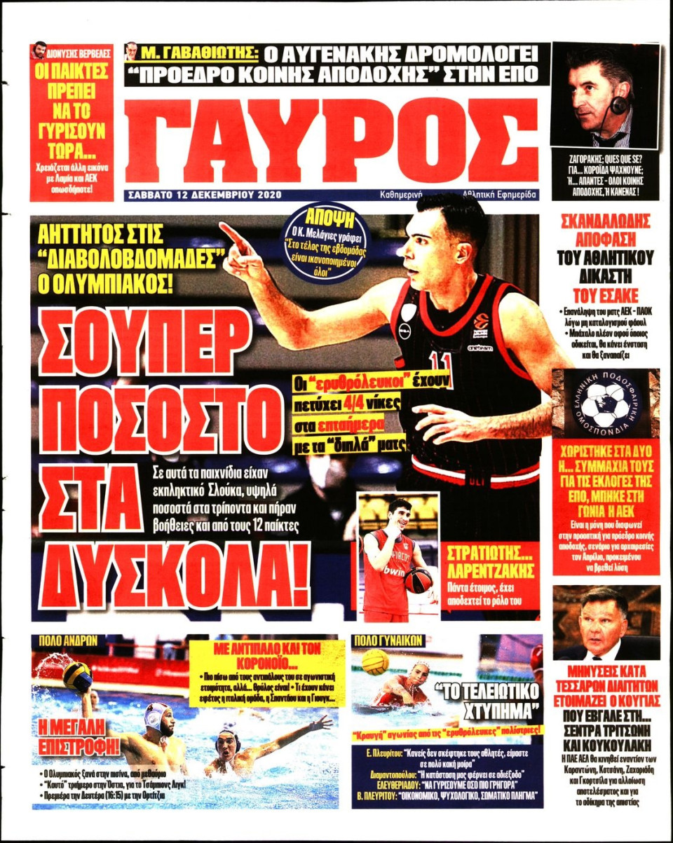 Οπισθόφυλλο Εφημερίδας - Πρωταθλητής - 2020-12-12