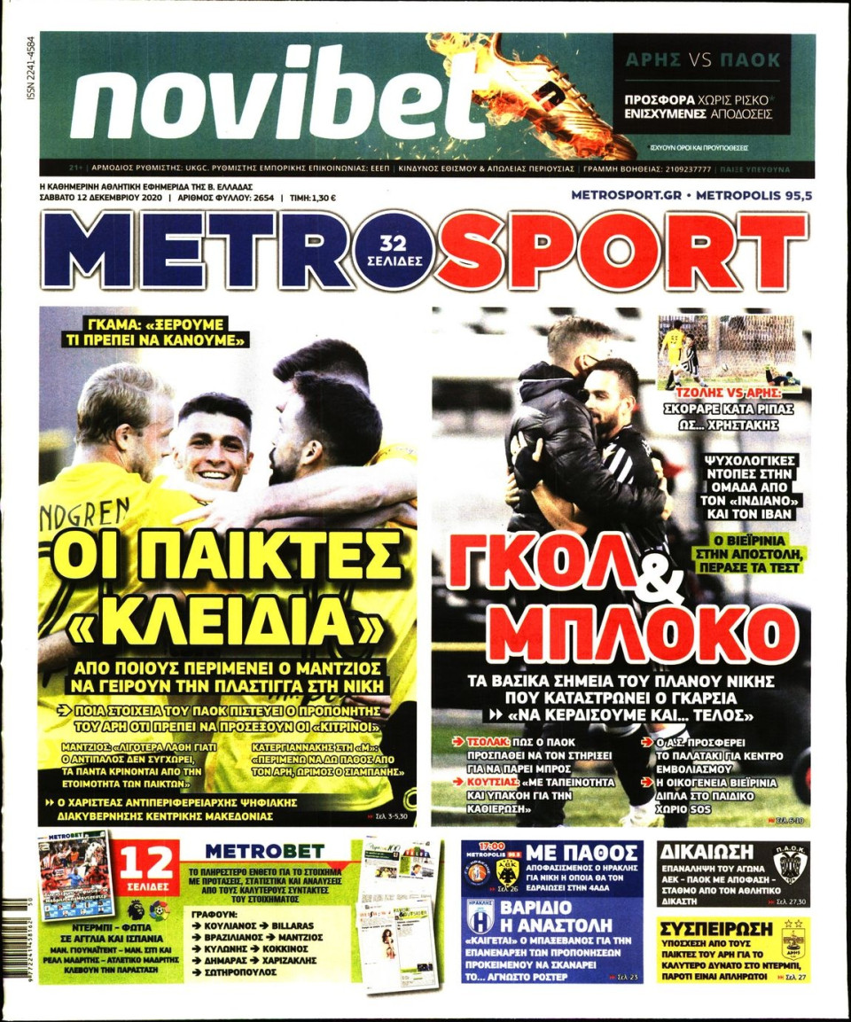 Πρωτοσέλιδο Εφημερίδας - METROSPORT - 2020-12-12