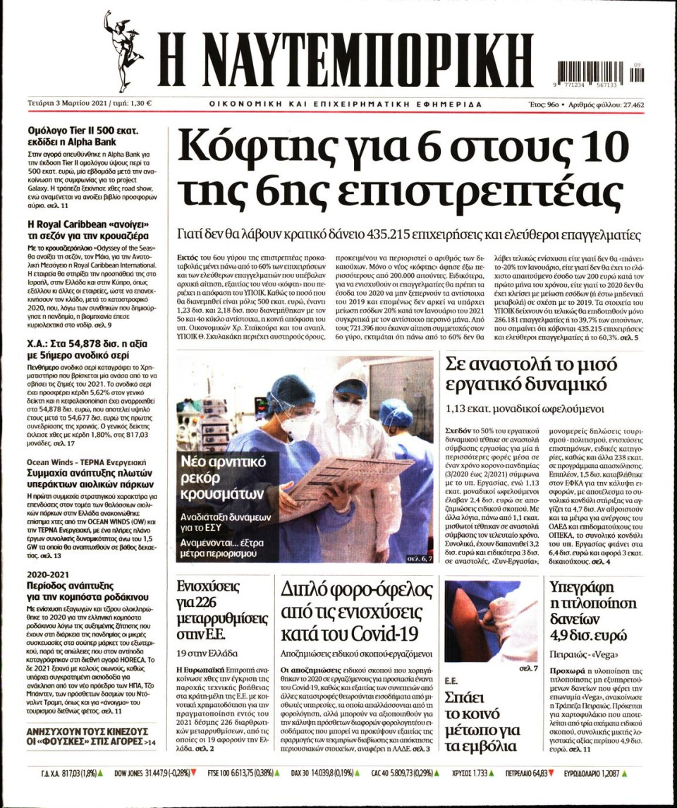 Πρωτοσέλιδο Εφημερίδας - Ναυτεμπορική - 2021-03-03