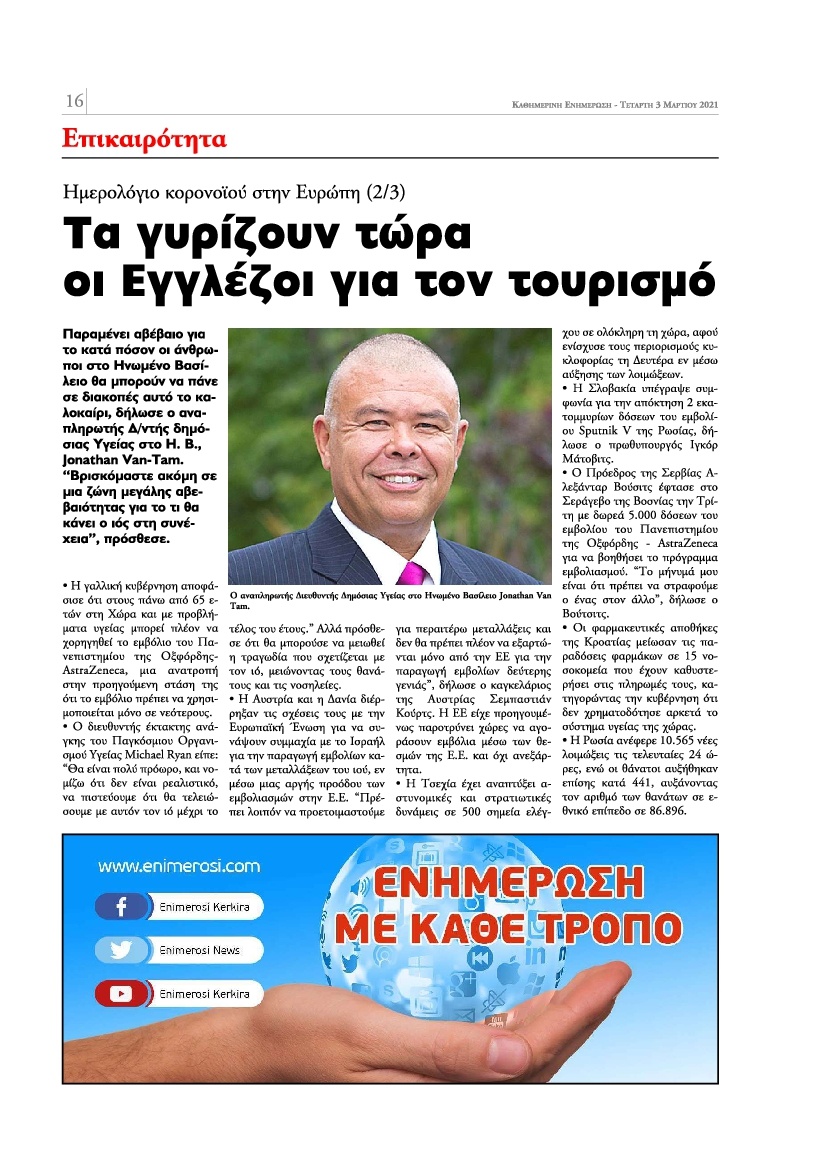 Οπισθόφυλλο Εφημερίδας - ΕΝΗΜΕΡΩΣΗ ΚΕΡΚΥΡΑΣ - 2021-03-03