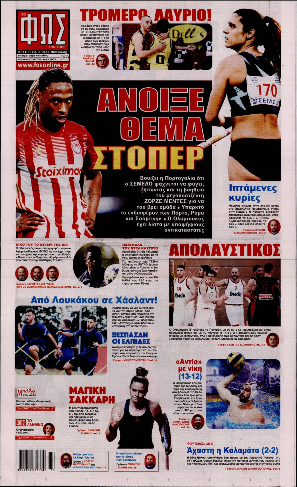 Πρωτοσέλιδο Εφημερίδας - Φως των Σπορ - 2021-06-06