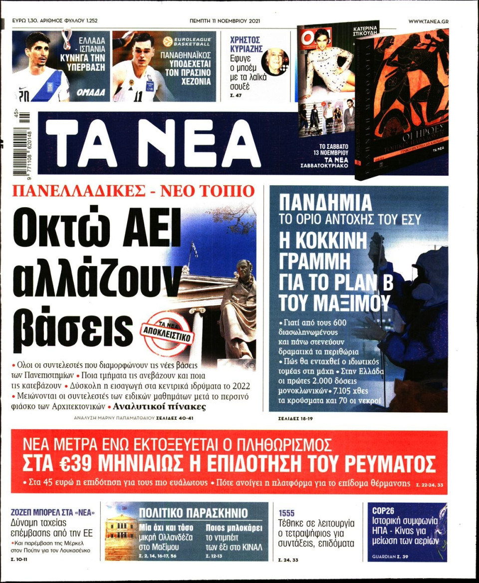 Πρωτοσέλιδο Εφημερίδας - Τα Νέα - 2021-11-11