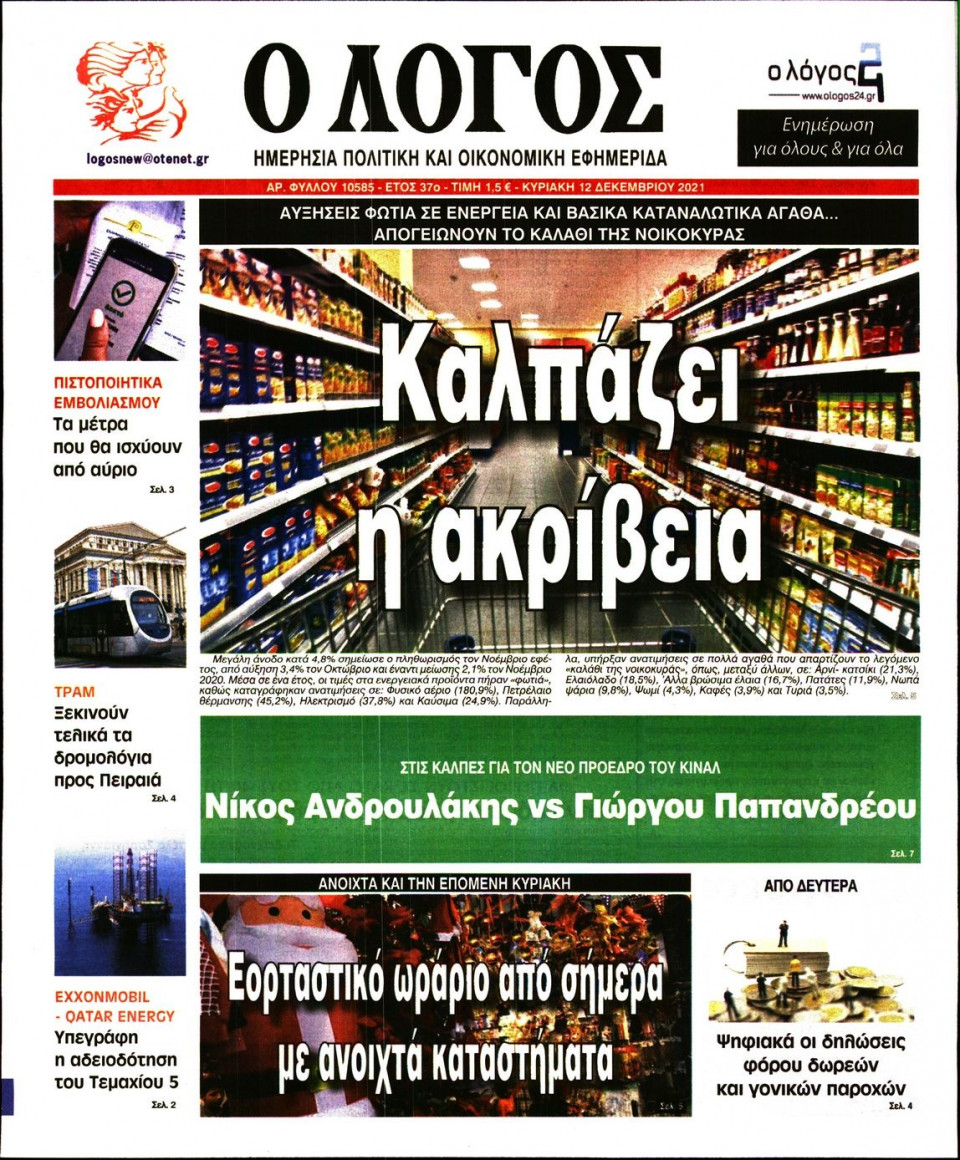 Πρωτοσέλιδο Εφημερίδας - Λόγος - 2021-12-12