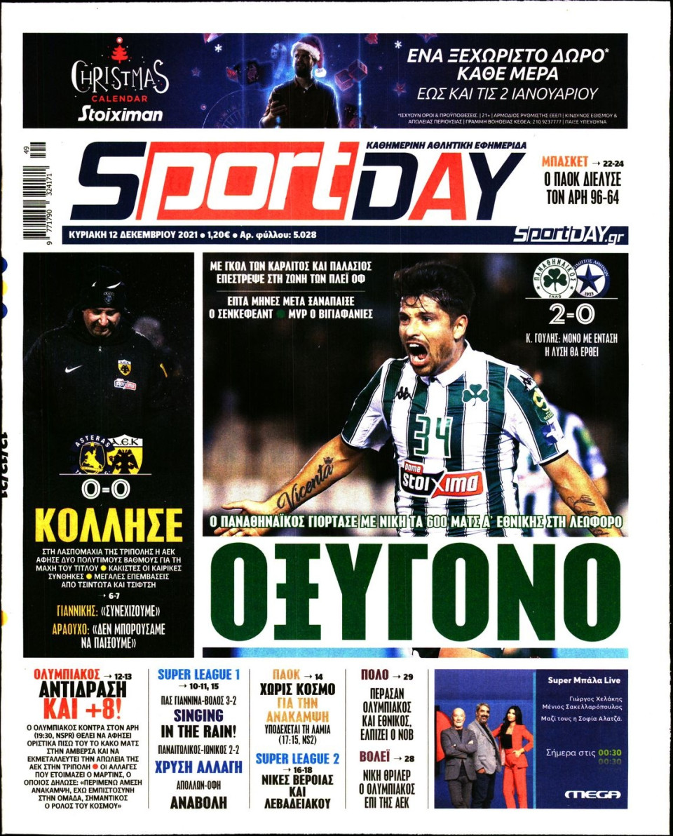 Πρωτοσέλιδο Εφημερίδας - Sportday - 2021-12-12
