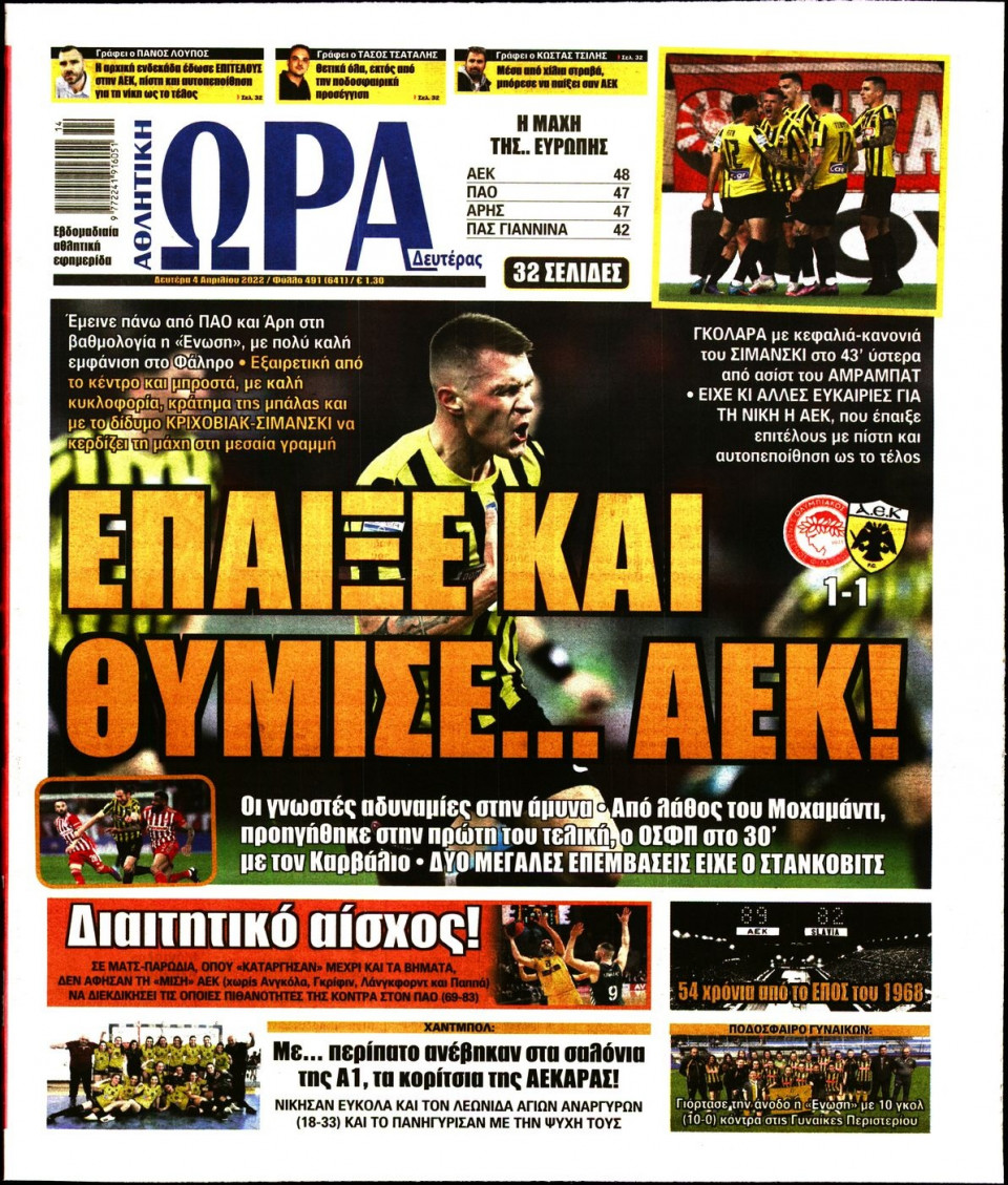 Πρωτοσέλιδο Εφημερίδας - Ώρα για Σπόρ - 2022-04-04