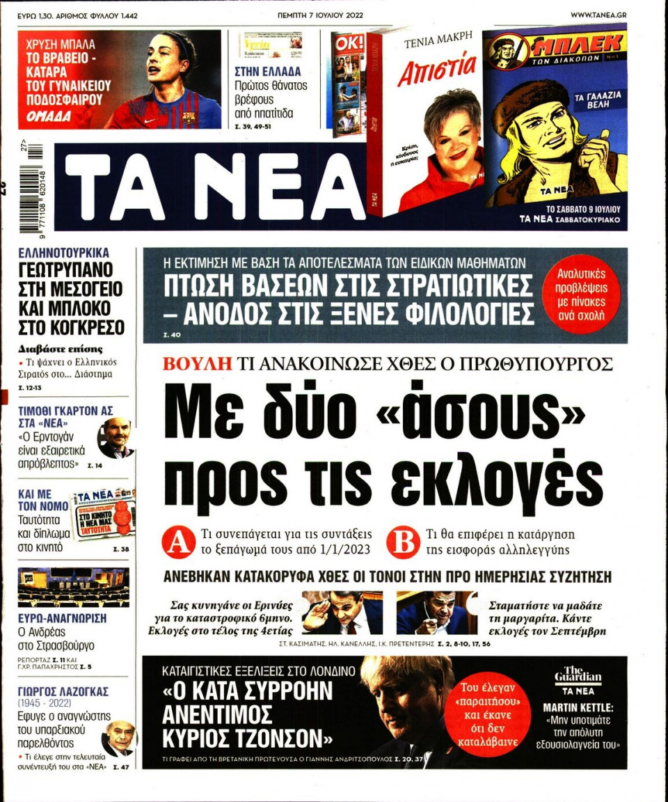 Πρωτοσέλιδο Εφημερίδας - Τα Νέα - 2022-07-07
