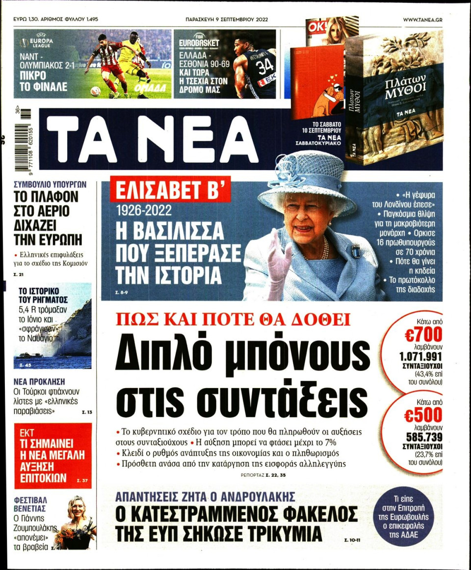 Πρωτοσέλιδο Εφημερίδας - Τα Νέα - 2022-09-09