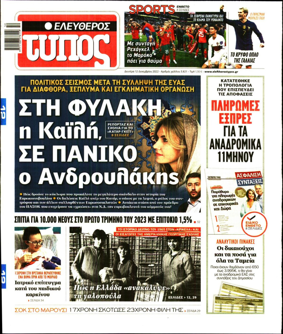 Πρωτοσέλιδο Εφημερίδας - Ελεύθερος Τύπος - 2022-12-12