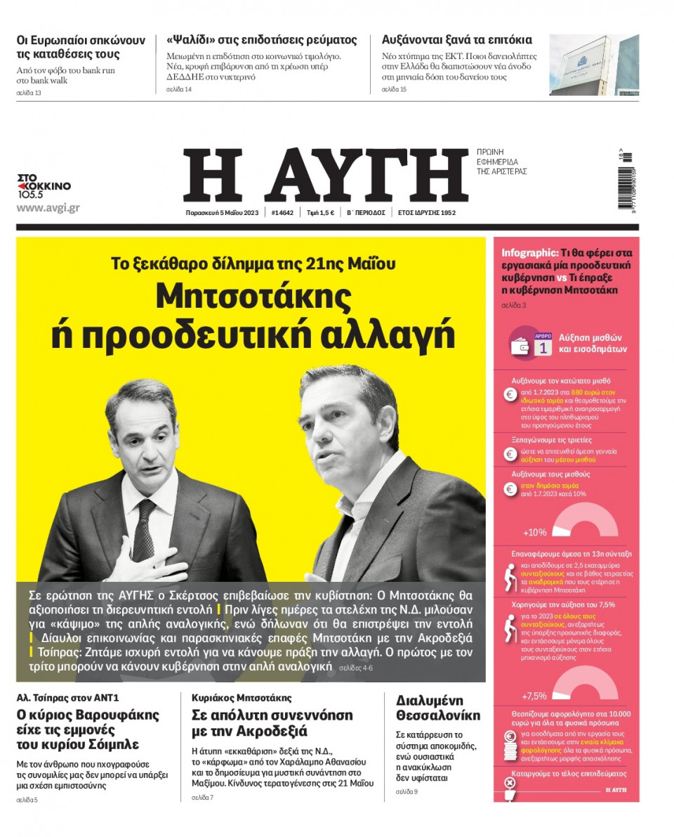 Πρωτοσέλιδο Εφημερίδας - Αυγή - 2023-05-05