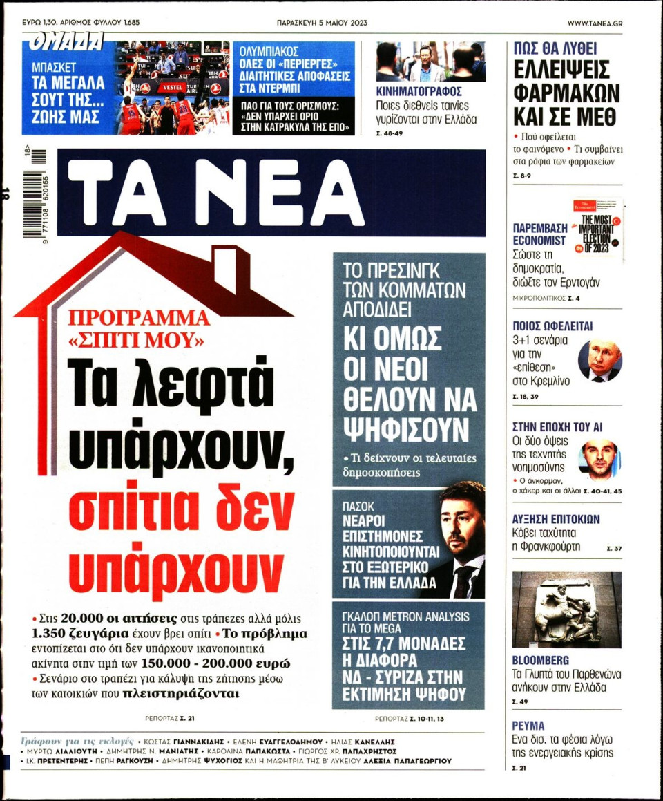 Πρωτοσέλιδο Εφημερίδας - Τα Νέα - 2023-05-05