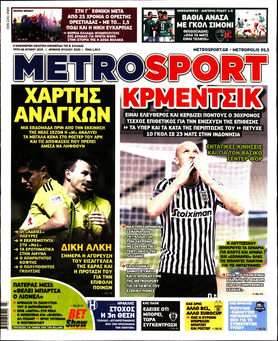 Πρωτοσέλιδο Εφημερίδας - Metrosport - 2023-06-06