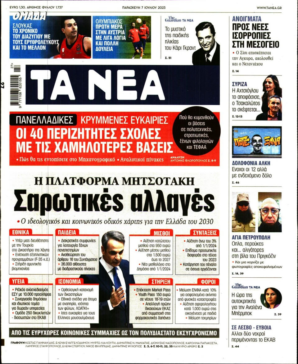 Πρωτοσέλιδο Εφημερίδας - Τα Νέα - 2023-07-07