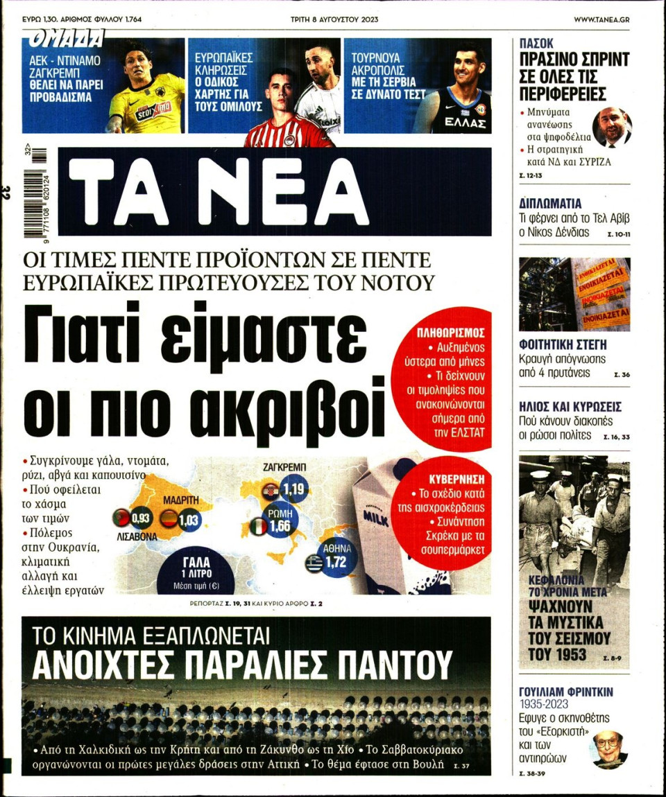 Πρωτοσέλιδο Εφημερίδας - Τα Νέα - 2023-08-08