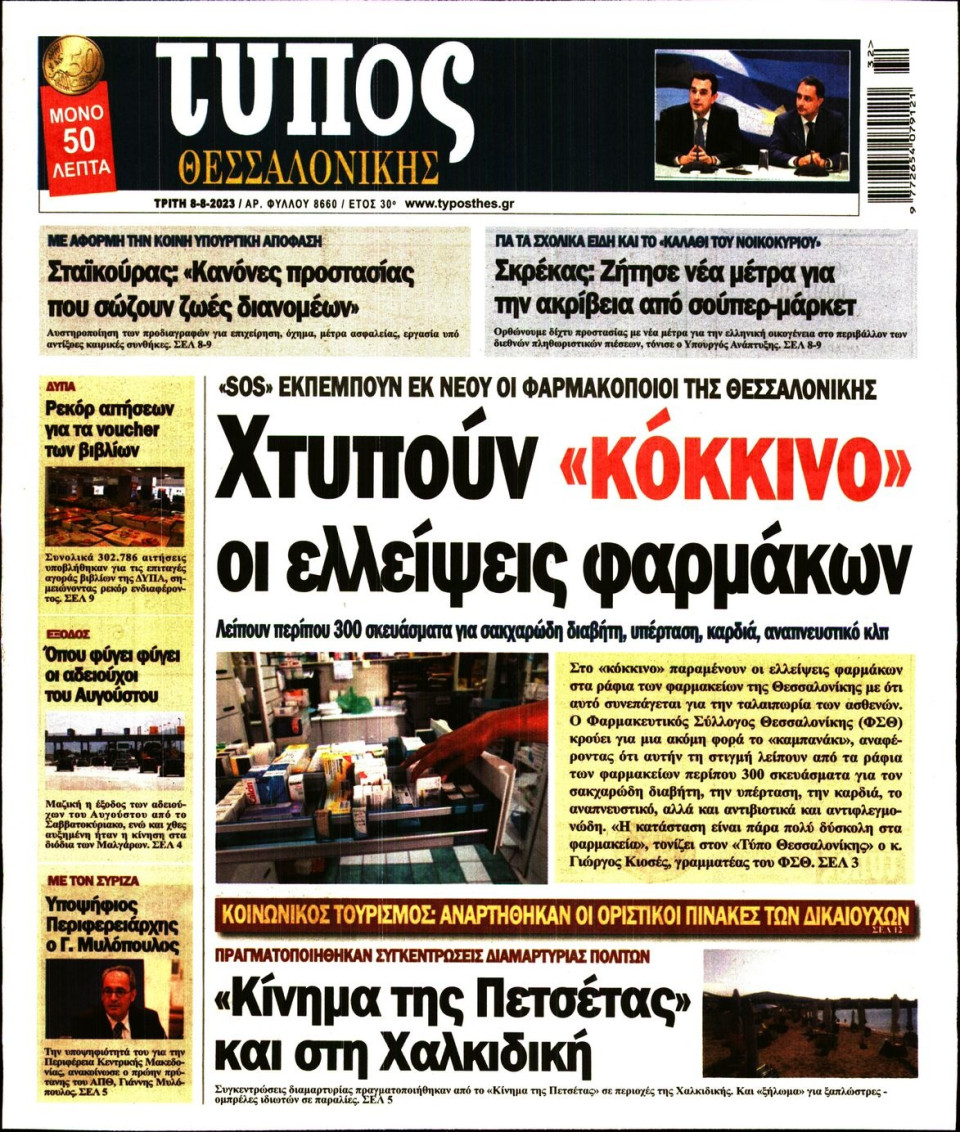 Πρωτοσέλιδο Εφημερίδας - Τύπος Θεσσαλονίκης - 2023-08-08