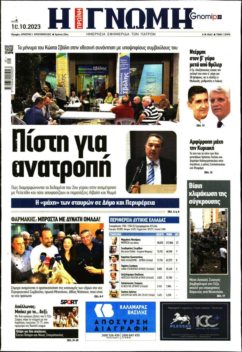 Πρωτοσέλιδο Εφημερίδας - Γνώμη Πατρών - 2023-10-10