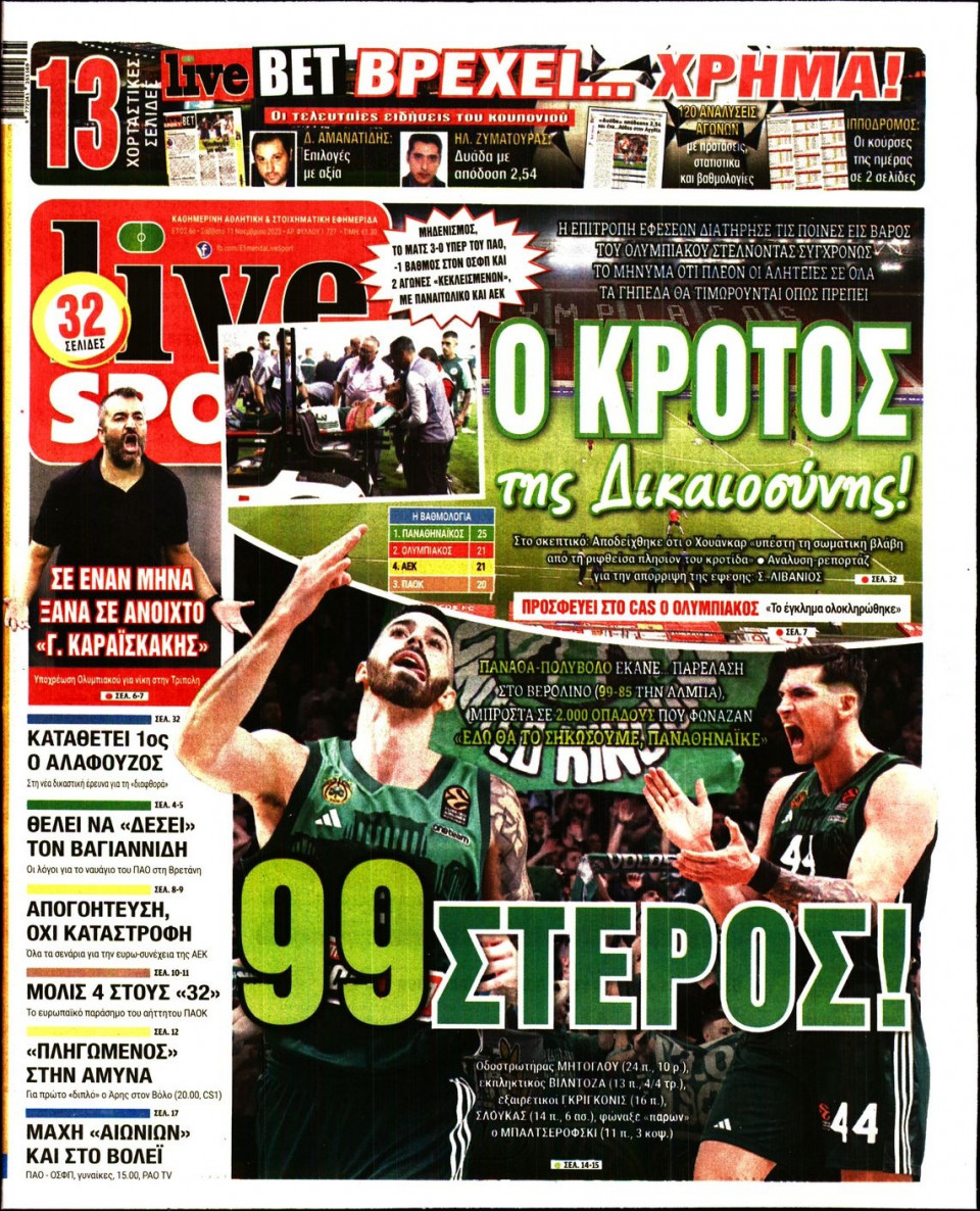 Πρωτοσέλιδο Εφημερίδας - Live Sport - 2023-11-11