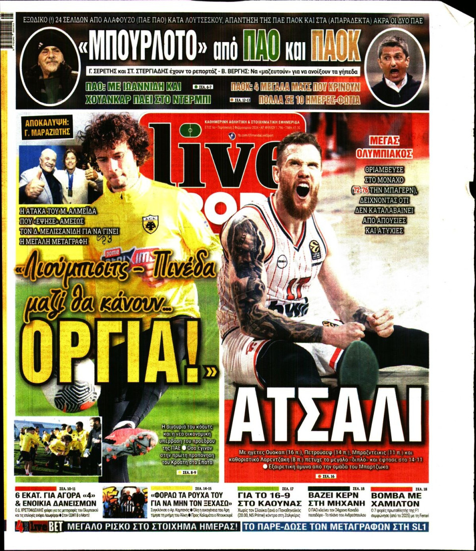 Πρωτοσέλιδο Εφημερίδας - LIVE SPORT - 2024-02-02