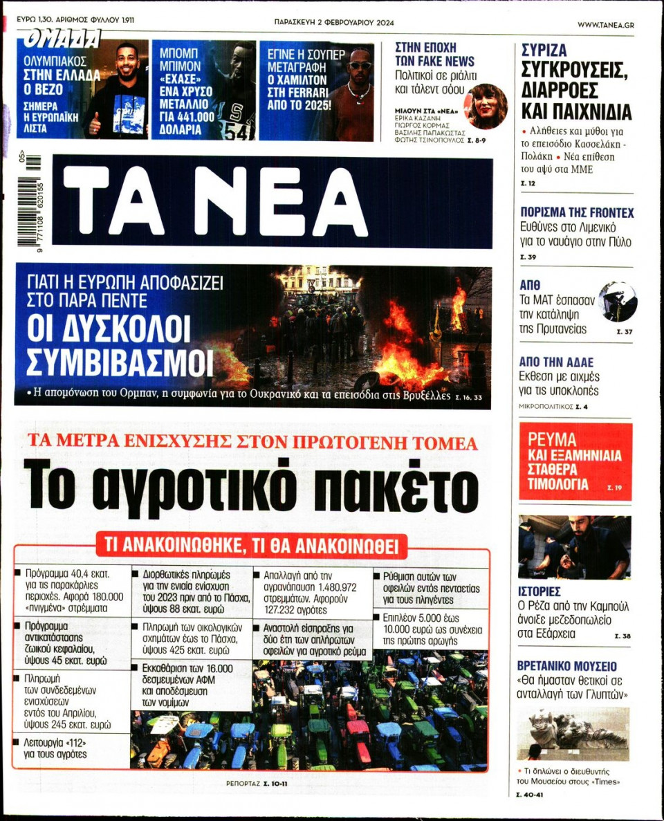 Πρωτοσέλιδο Εφημερίδας - Τα Νέα - 2024-02-02