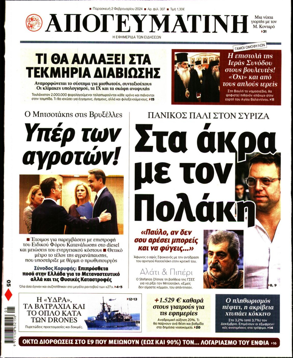 Πρωτοσέλιδο Εφημερίδας - Απογευματινή - 2024-02-02