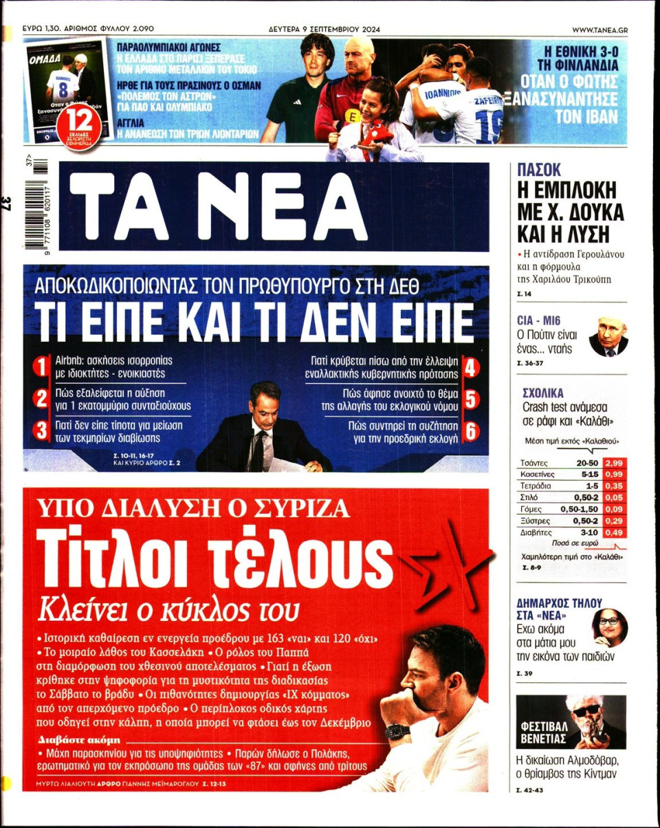 Πρωτοσέλιδο Εφημερίδας - Τα Νέα - 2024-09-09