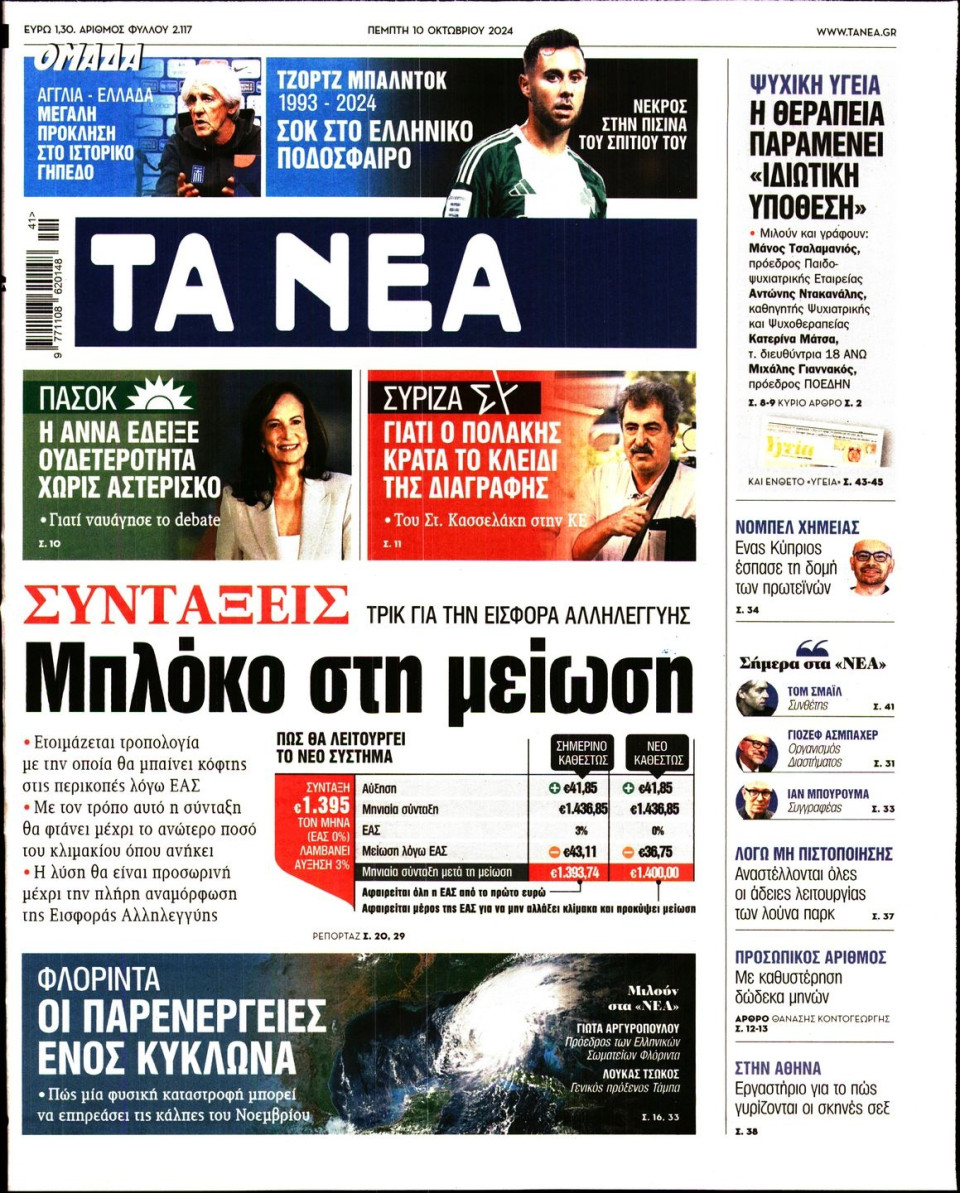 Πρωτοσέλιδο Εφημερίδας - Τα Νέα - 2024-10-10