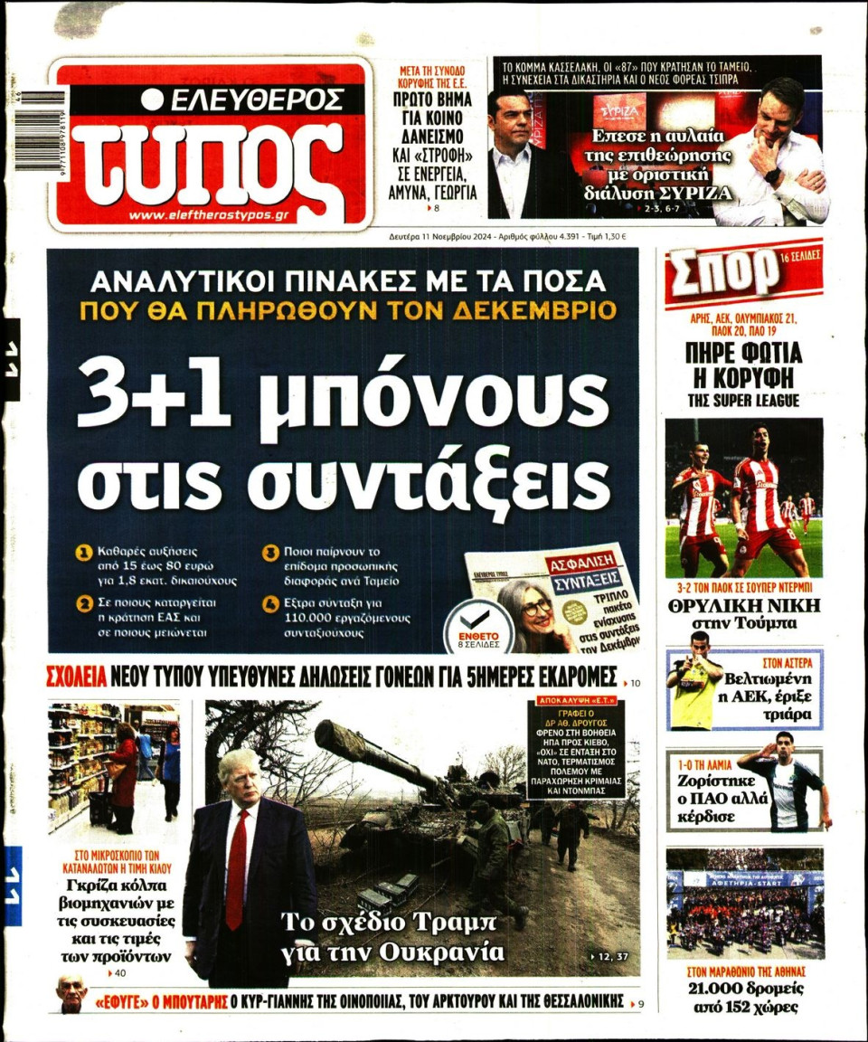 Πρωτοσέλιδο Εφημερίδας - Ελεύθερος Τύπος - 2024-11-11