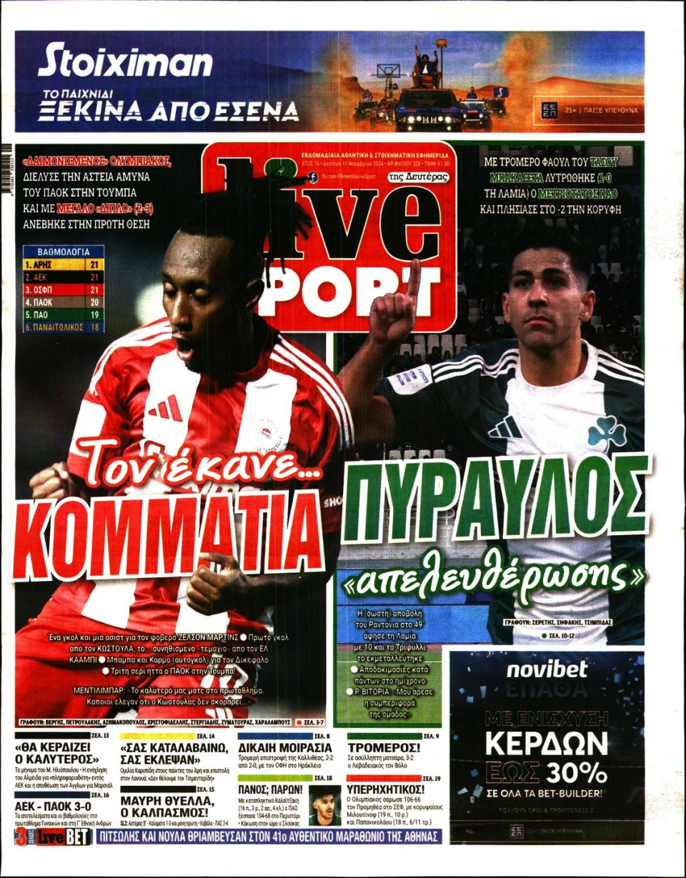 Πρωτοσέλιδο Εφημερίδας - LIVE SPORT - 2024-11-11