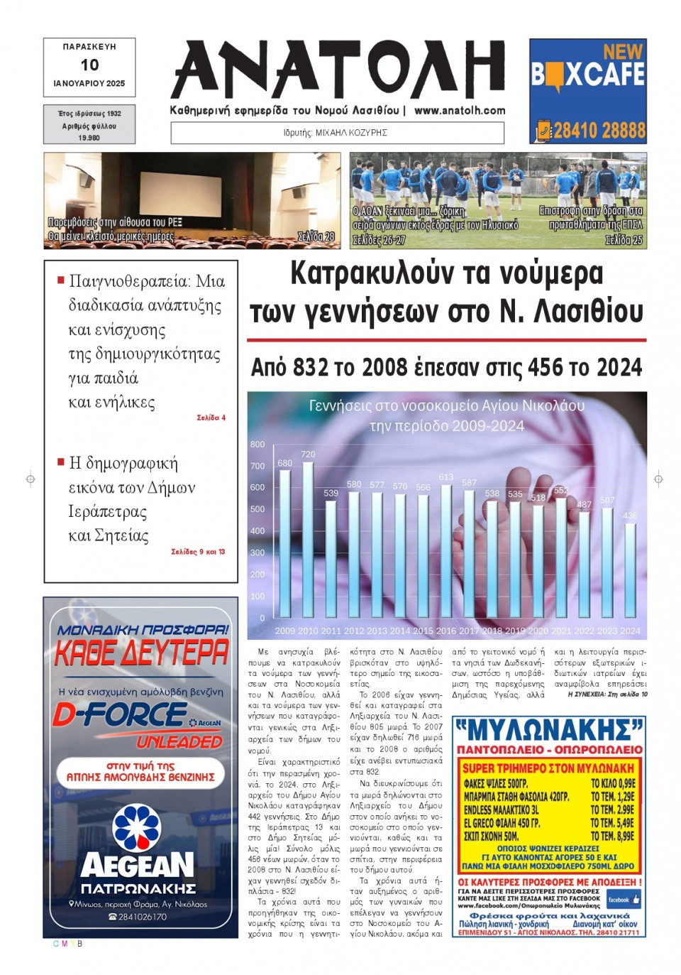 Πρωτοσέλιδο Εφημερίδας - Ανατολή Λασιθείου - 2025-01-10