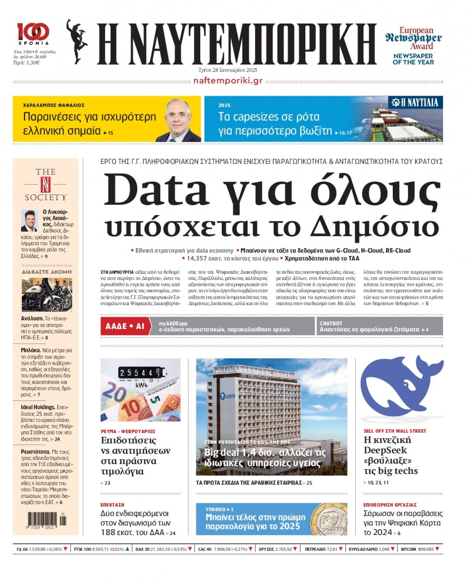 Πρωτοσέλιδο Εφημερίδας - Ναυτεμπορική - 2025-01-28