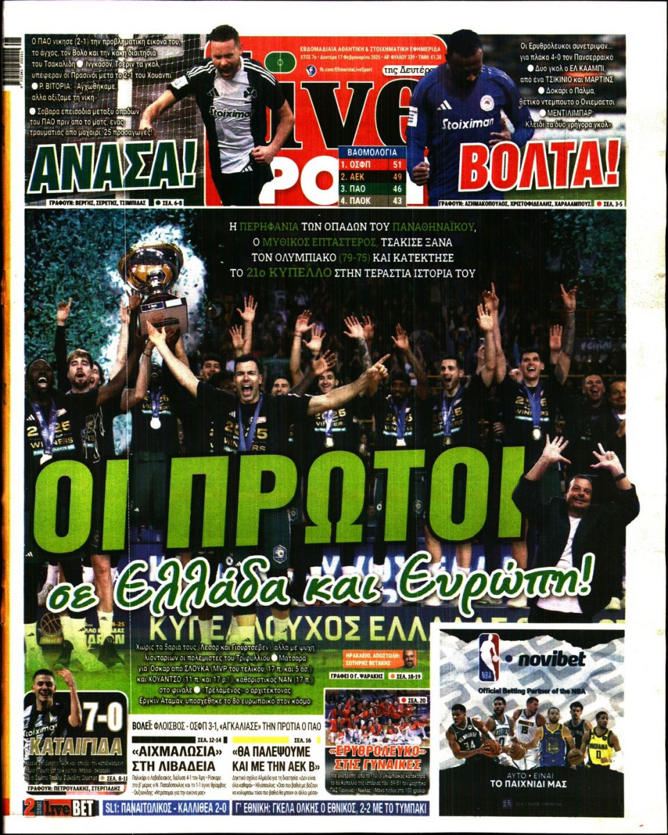 Πρωτοσέλιδο Εφημερίδας - Live Sport - 2025-02-17