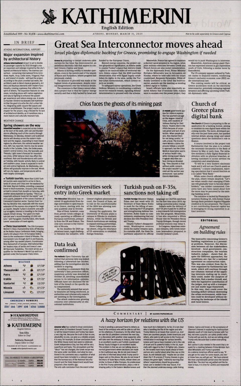 Πρωτοσέλιδο Εφημερίδας - INTERNATIONAL NEW YORK TIMES_KATHIMERINI - 2025-03-31