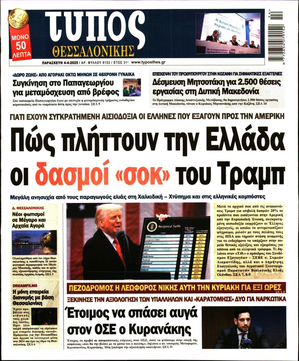 Πρωτοσέλιδο Εφημερίδας - Τύπος Θεσσαλονίκης - 2025-04-04