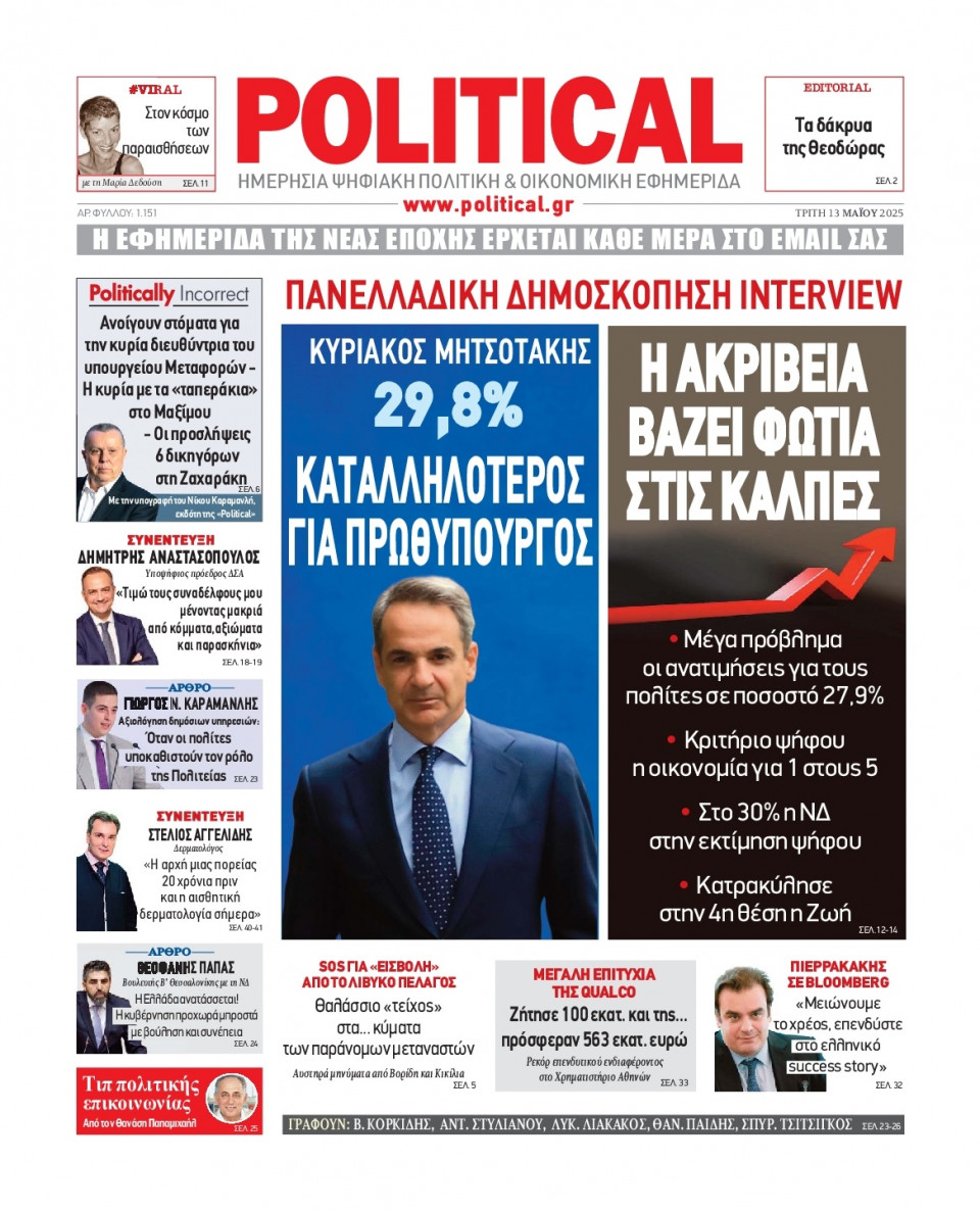 Πρωτοσέλιδο Εφημερίδας - Political - 2025-05-13