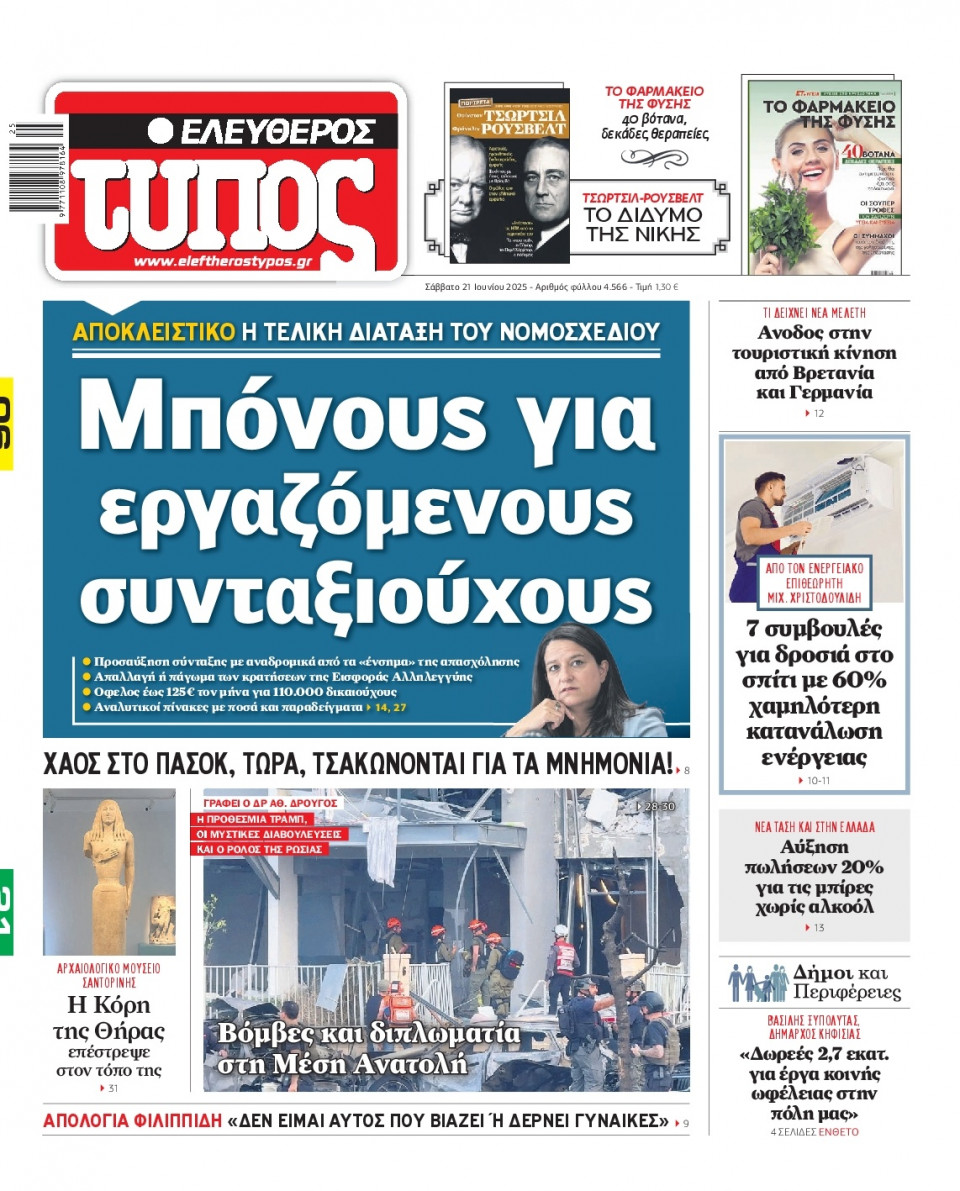 Πρωτοσέλιδο Εφημερίδας - Ελεύθερος Τύπος - 2025-06-21