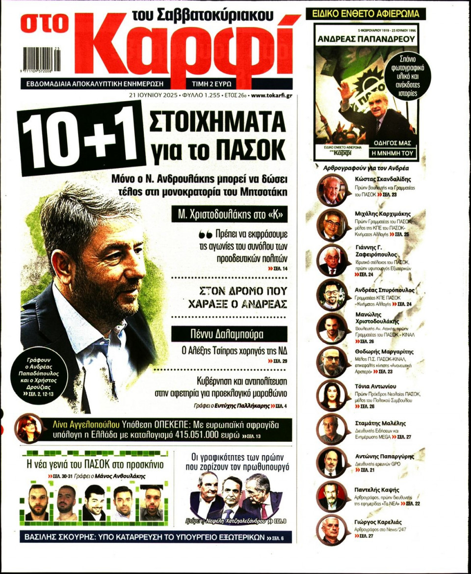 Πρωτοσέλιδο Εφημερίδας - ΚΑΡΦΙ - 2025-06-21