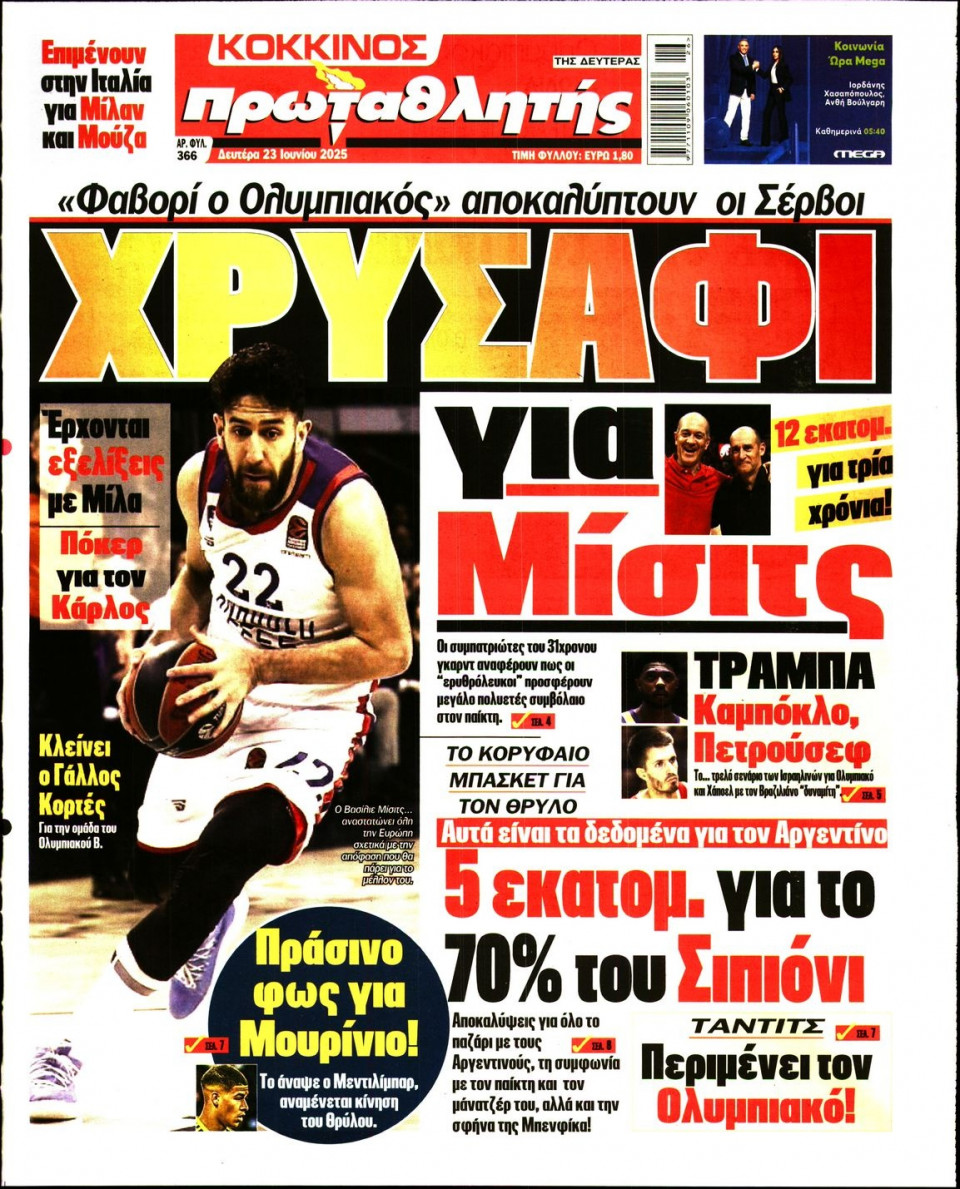 Πρωτοσέλιδο Εφημερίδας - Πρωταθλητής - 2025-06-23
