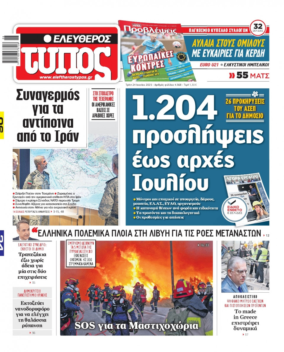 Πρωτοσέλιδο Εφημερίδας - Ελεύθερος Τύπος - 2025-06-24