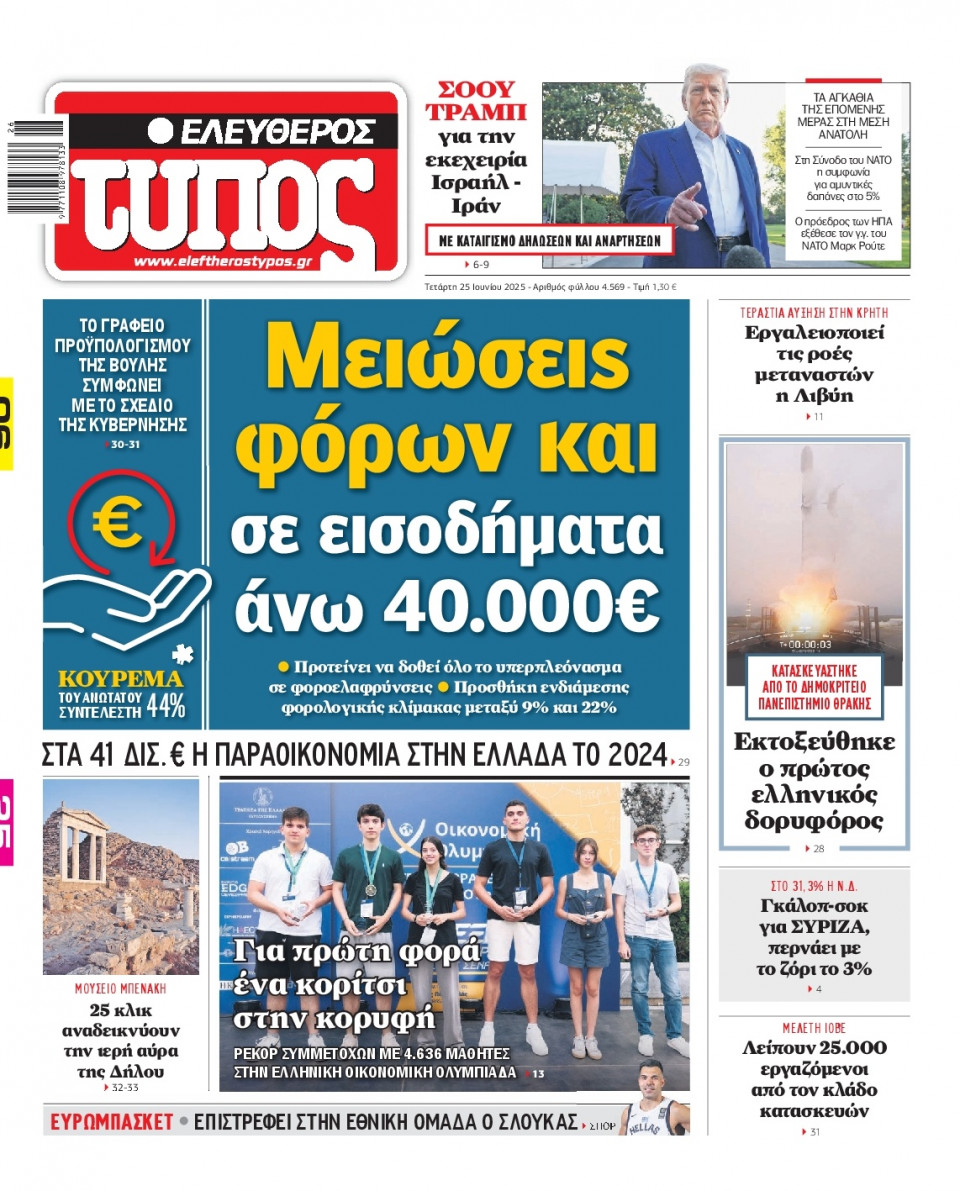 Πρωτοσέλιδο Εφημερίδας - Ελεύθερος Τύπος - 2025-06-25