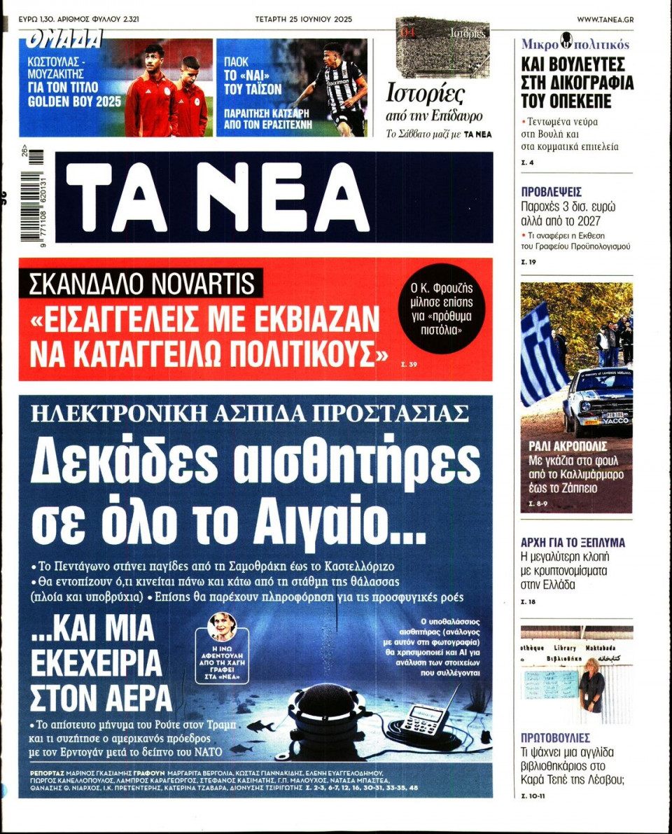 Πρωτοσέλιδο Εφημερίδας - Τα Νέα - 2025-06-25