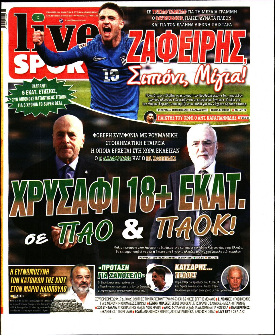 Πρωτοσέλιδο Εφημερίδας - Live Sport - 2025-06-25