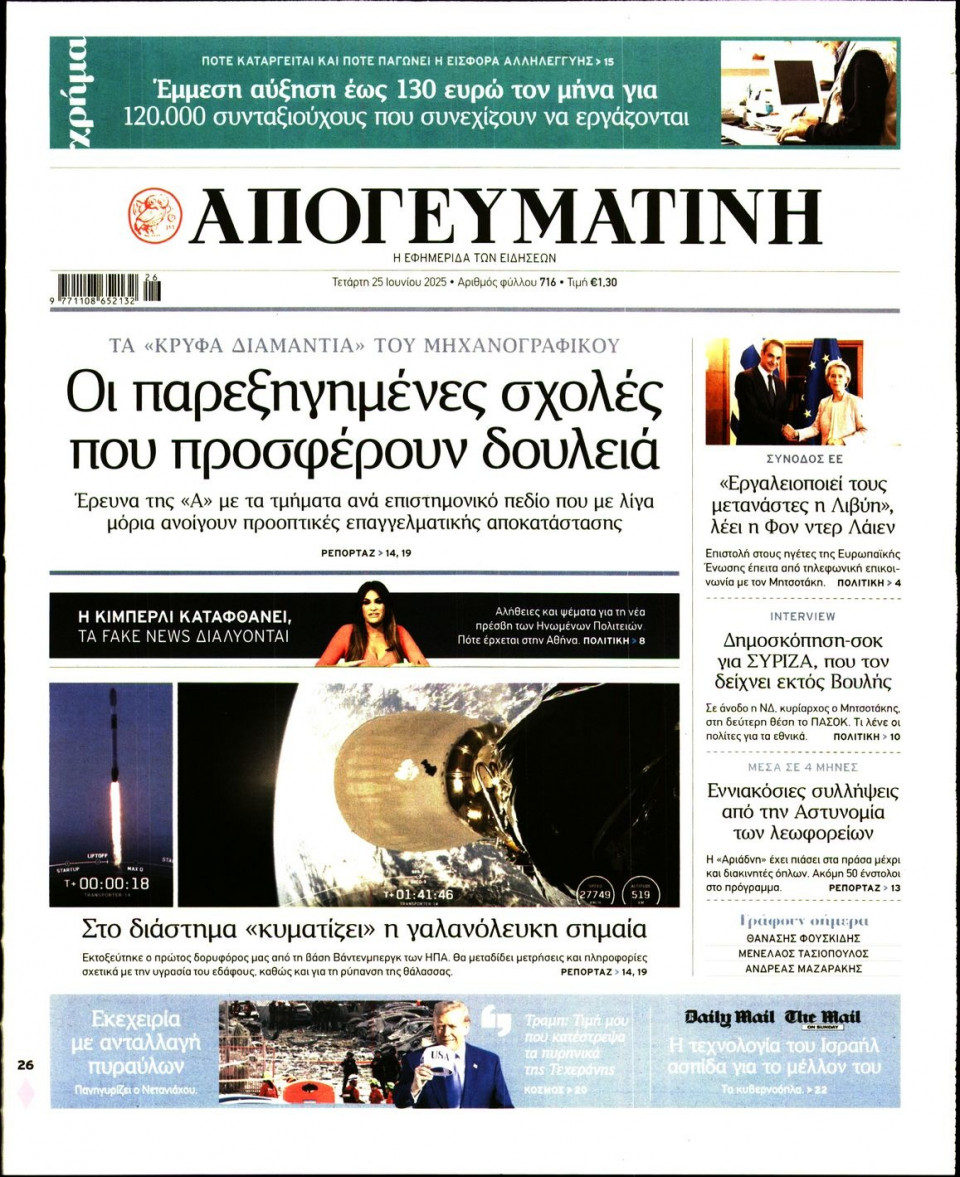 Πρωτοσέλιδο Εφημερίδας - Απογευματινή - 2025-06-25