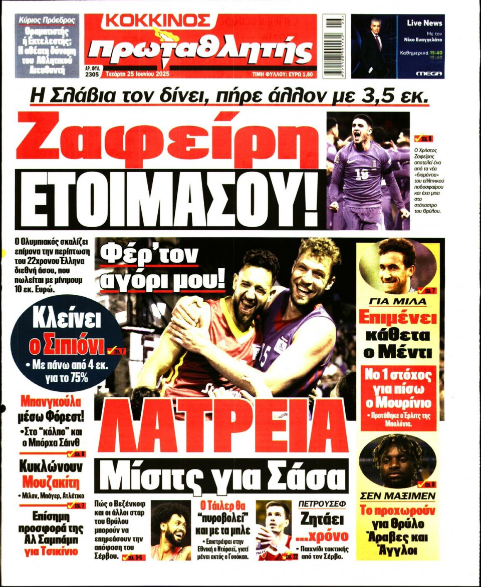 Πρωτοσέλιδο Εφημερίδας - Πρωταθλητής - 2025-06-25