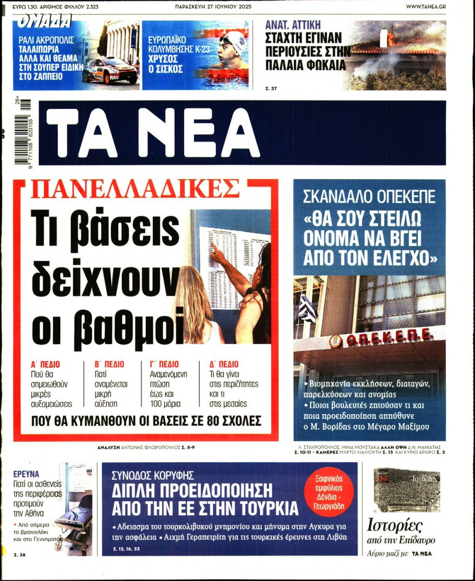 Πρωτοσέλιδο Εφημερίδας - Τα Νέα - 2025-06-27