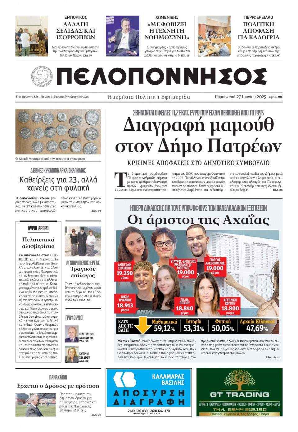 Πρωτοσέλιδο Εφημερίδας - Πελοπόννησος - 2025-06-27