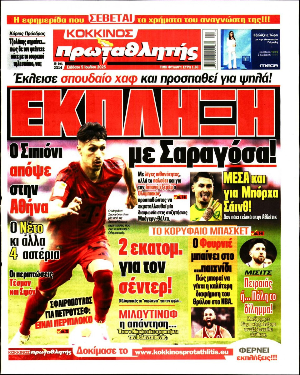 Πρωτοσέλιδο Εφημερίδας - Πρωταθλητής - 2025-07-05