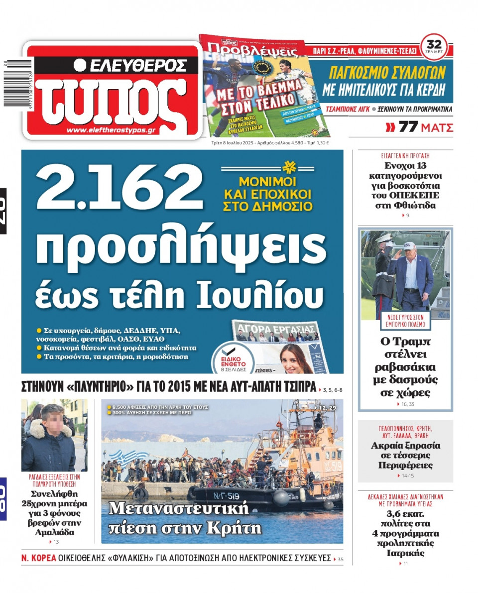 Πρωτοσέλιδο Εφημερίδας - Ελεύθερος Τύπος - 2025-07-08