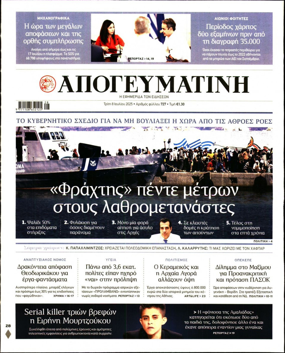 Πρωτοσέλιδο Εφημερίδας - Απογευματινή - 2025-07-08